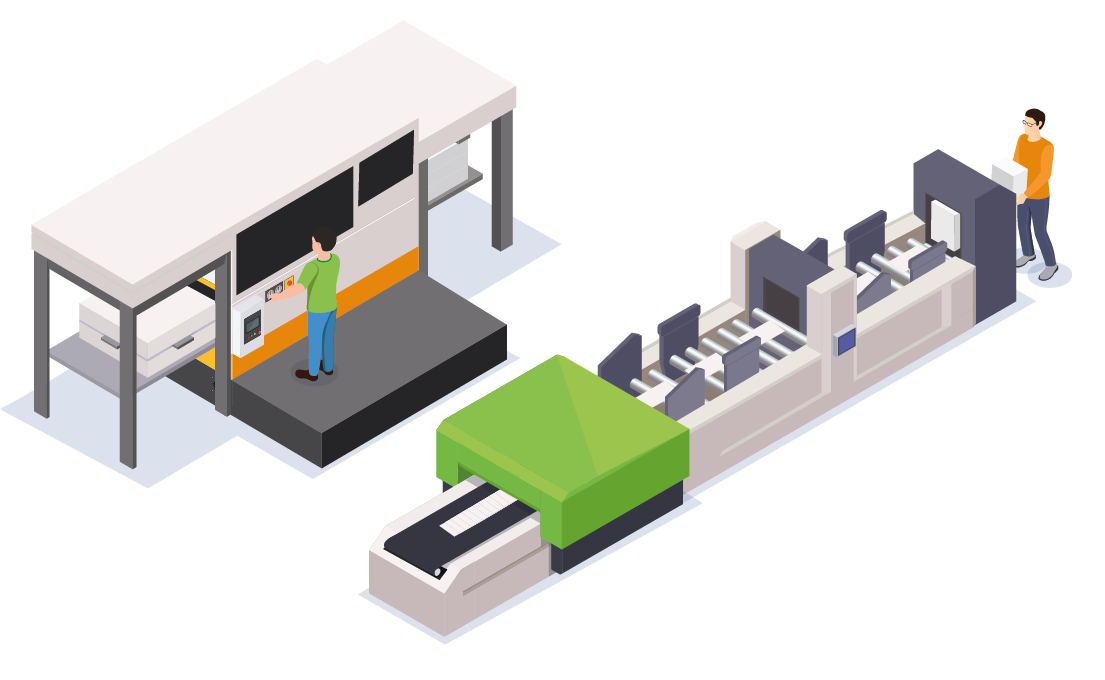 illustrazione di macchine per la fustellata, piegatura e incollatura degli astucci